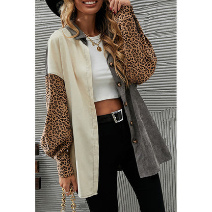 Gray Color Block Leopard Patch Corduroy Pullover Women Mid Length Long Sleeve Jacket