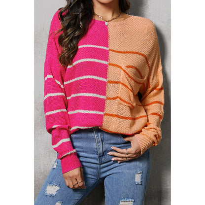 Autumn Winter Contrast Color Drop Shoulder Sweater for Women Casual Loose Striped Stitching Pullover for Women