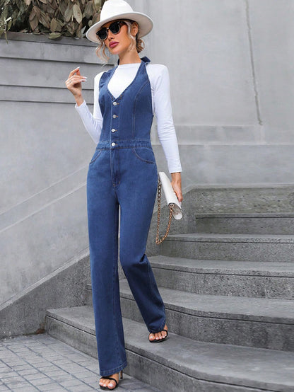 Women Wear Casual Slimming High Waist Straight Leg Denim Jumpsuit Trousers