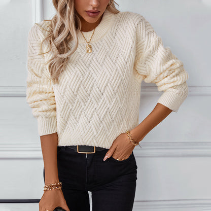 Solid Color Twist Weave Sweater for Women Autumn Winter Retro Crew Neck Knitwear for Women