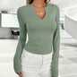 Women Clothing T shirt Spring Summer Casual V neck Slim Fit Long Sleeved Top