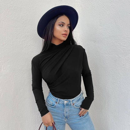 Women Winter Solid Color Casual Round Neck Pleated Slim Fit Long Sleeved T Shirt Top