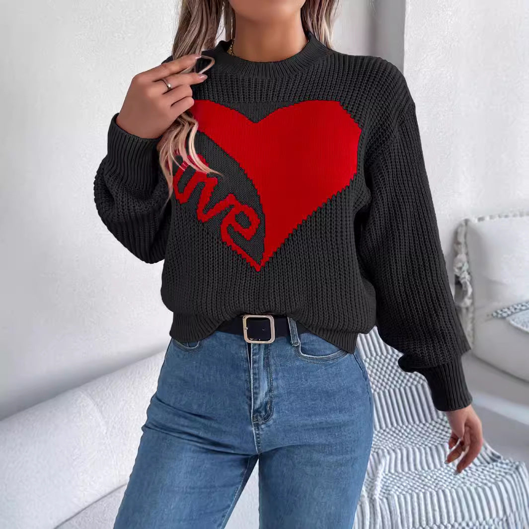 Autumn Winter Casual Valentine Day Contrast Color Love Long Sleeve Pullover Women Clothing