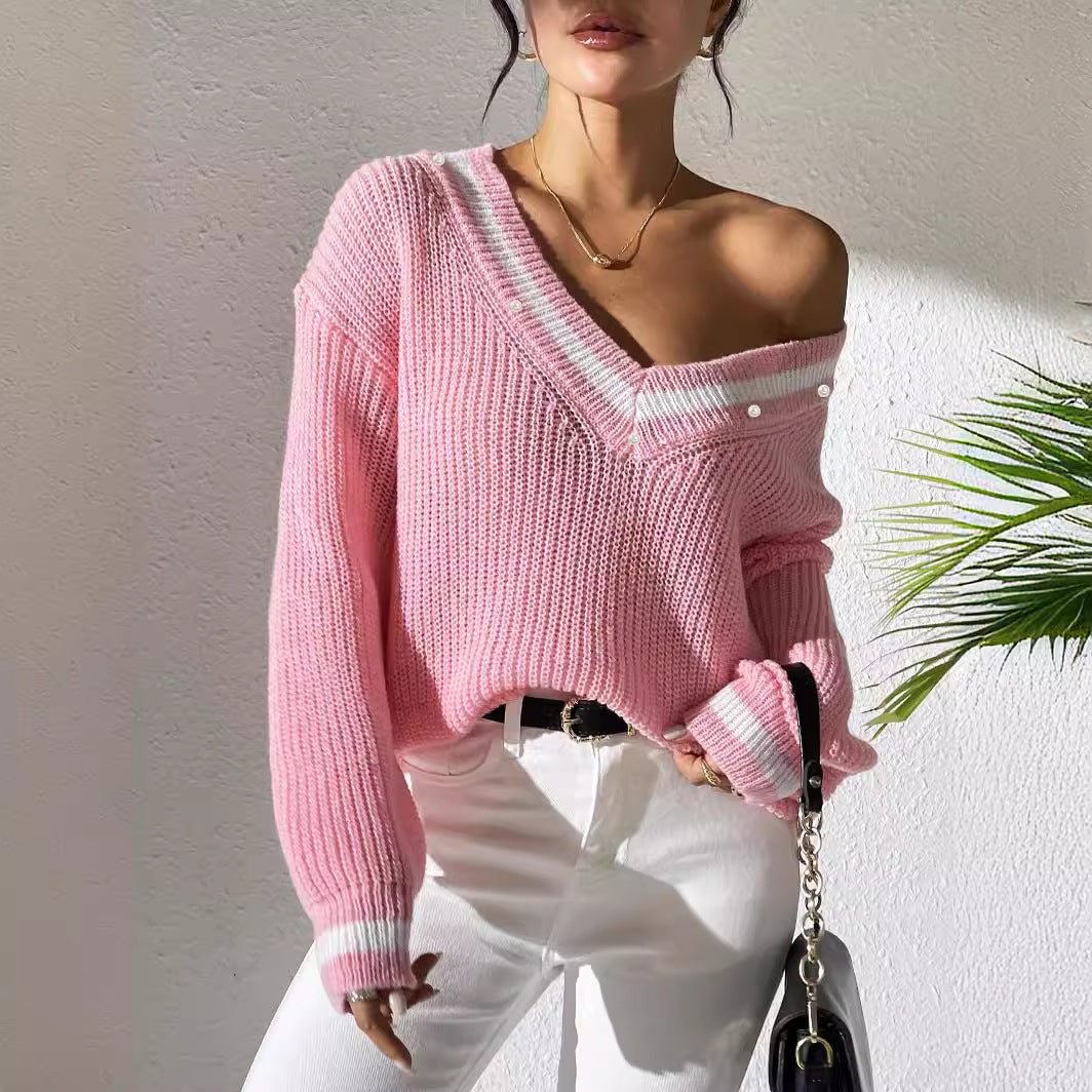 Women Clothing Preppy Top Color Contrast Patchwork V neck Long Sleeve Sweater Beaded Casual Bottoming Shirt