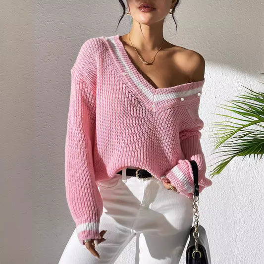 Women Clothing Preppy Top Color Contrast Patchwork V neck Long Sleeve Sweater Beaded Casual Bottoming Shirt