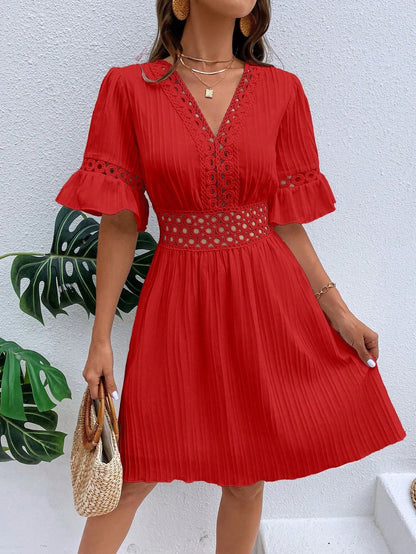 Women Clothing Summer Patchwork Lace V Neck Tight Waist Solid Color Dress