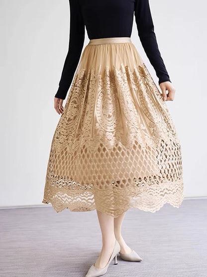 Machine Embroidery Mesh Lace A Line Overall Dress Light Luxury Socialite Fishnet Skirt