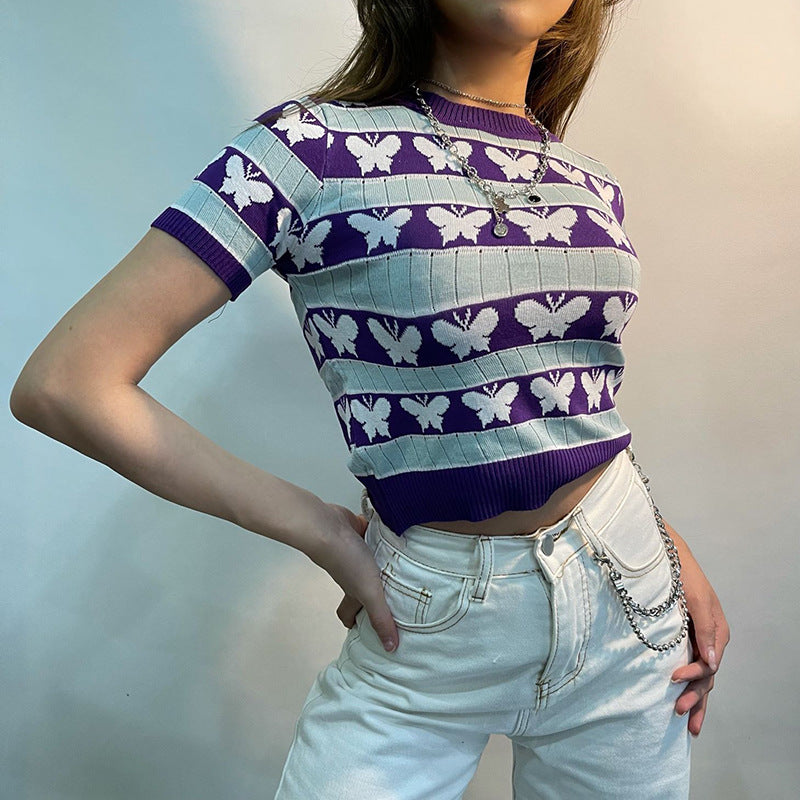 Short Sleeve Butterfly Girl Knitted Lining Taro Purple Knitted T shirt