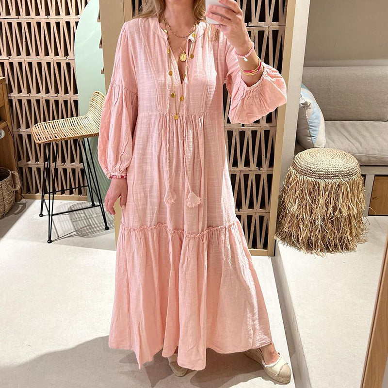 Spring Women V neck Puff Sleeve Bohemian Cotton Linen Dress