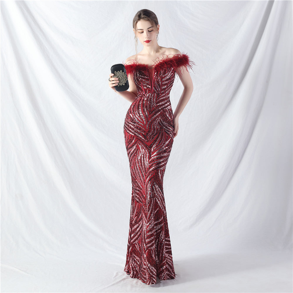 Court Boning Corset Waist Tight Vest Craft Order Ostrich Feather High End Sequined Evening Dress