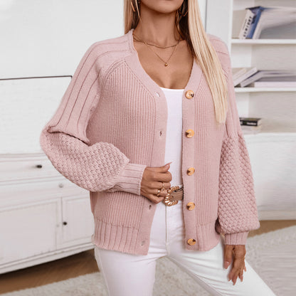 Autumn Winter Solid Color Buttons Knitted Cardigan Casual Loose Lantern Sleeve Sweater Women