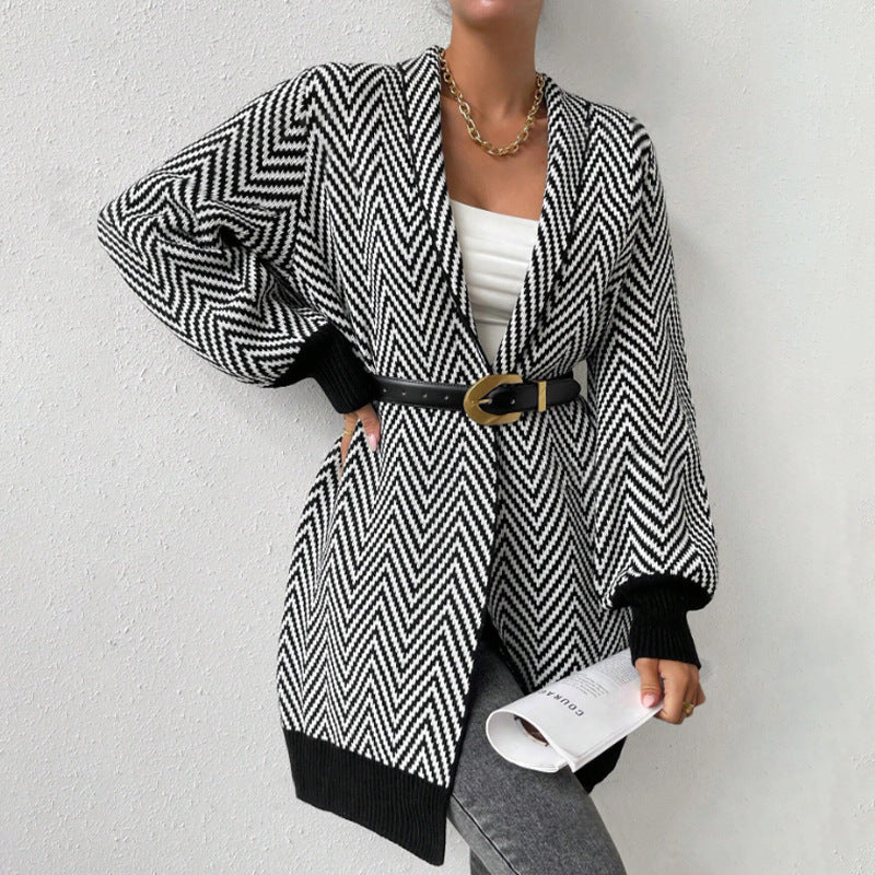 Cardigan Autumn Winter Mid Length Casual Knitted Coat Classic Striped Contrast Color Brocade Sweater Women