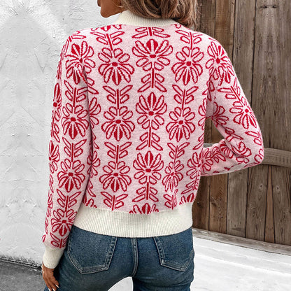 Half Turtleneck Sweater Autumn Winter Floral Jacquard Pink Sweater Women