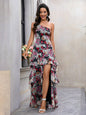 Women Clothing Diagonal Collar Tiered Dress Floral Print High Slit Maxi Dress Elegant Dress