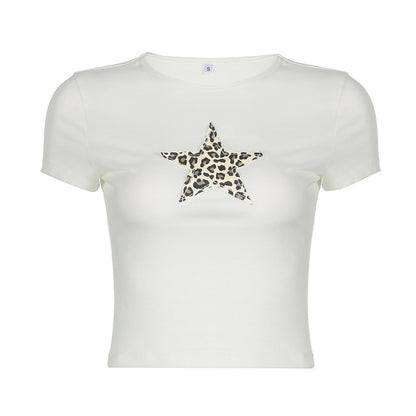 Leopard Print Five Pointed Star Collage Personality round Neck T shirt Sexy Exposed Cropped Shoulder Slimming Casual Short Sleeve