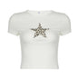 Leopard Print Five Pointed Star Collage Personality round Neck T shirt Sexy Exposed Cropped Shoulder Slimming Casual Short Sleeve