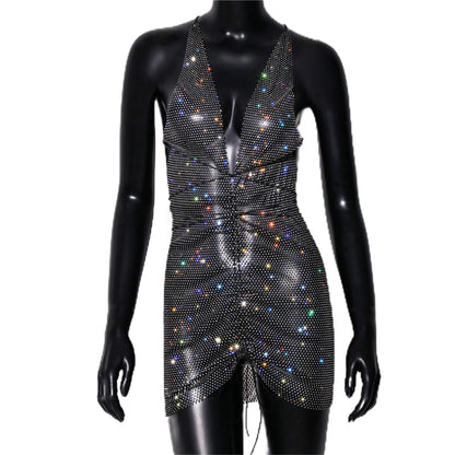 Women Clothing Dress Sexy Rhinestone Mesh Sling Dress Fishnet Tight Women