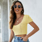 Women Sexy Short Cropped Knitted Top Hollow Out Cutout Criss Cross Backless Short-Sleeved Knitted Bottoming Shirt