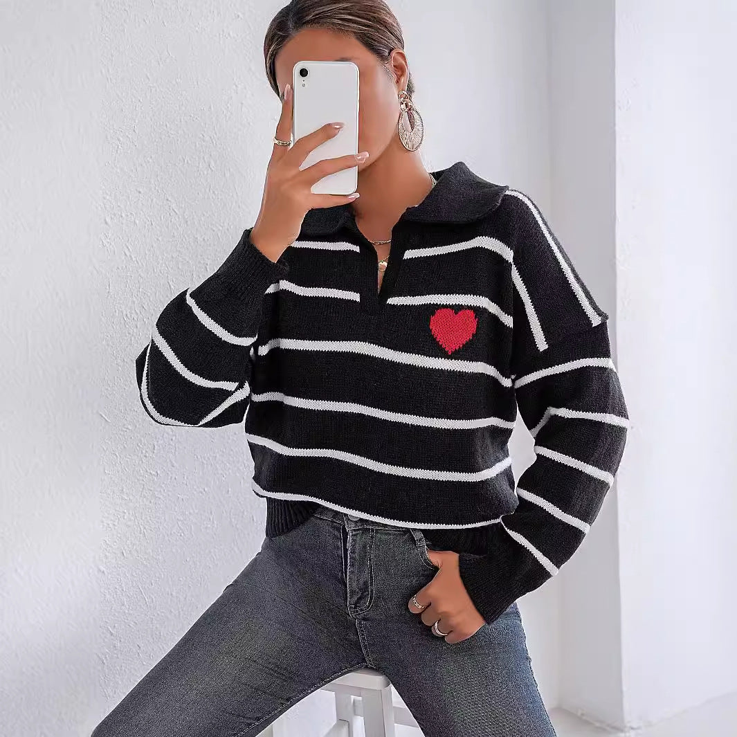 Women Pullover Sweater Top Color Contrast Patchwork Striped Love Polo Collar Sweater