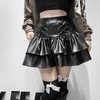 Dark Criss Cross Lace up Slimming Leather Skirt Double-Layer Stitching Faux Leather Zipper Pleated Skirt