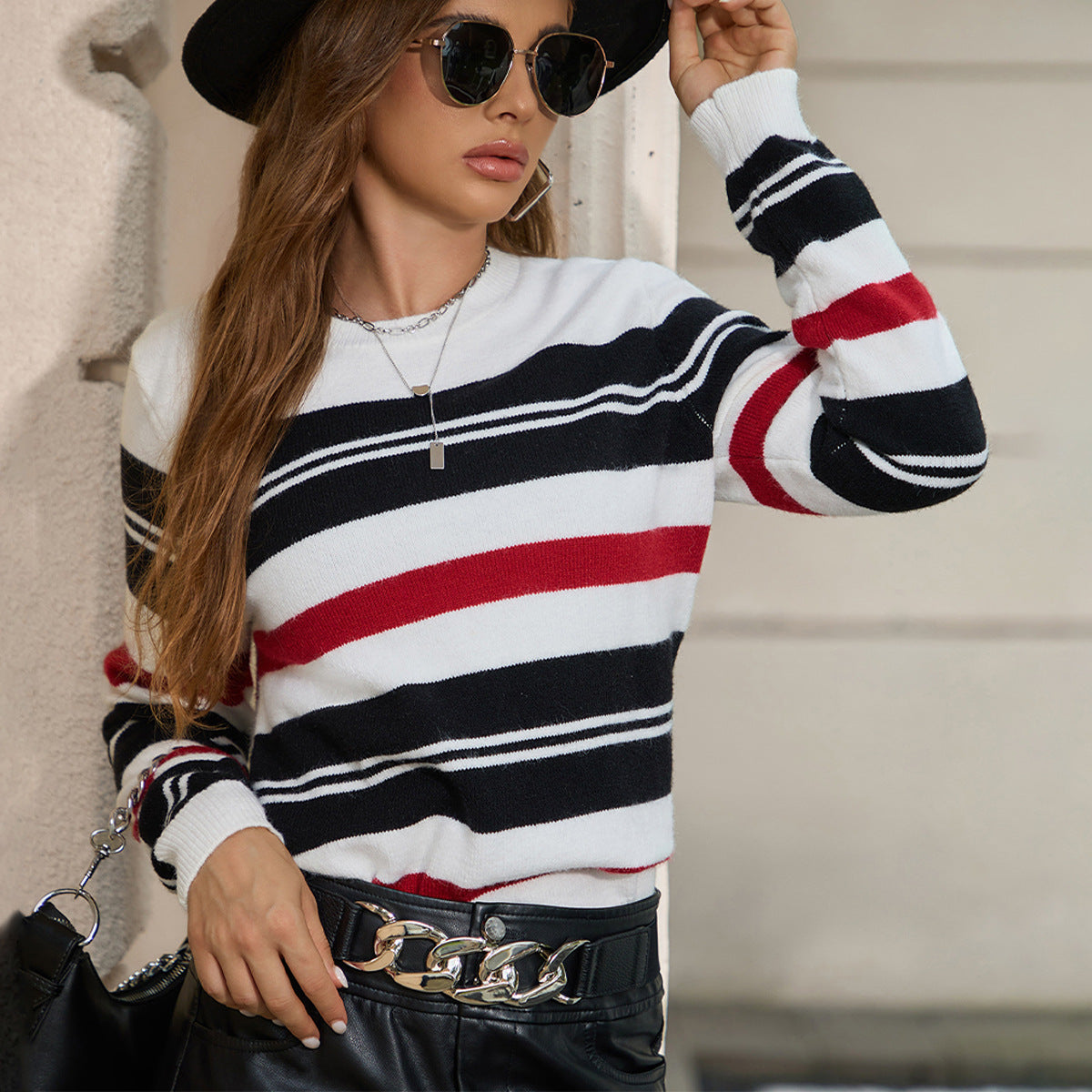 Women Clothing Sweater Classic Striped Pullover Round Neck Knitted Bottoming Casual All Matching Tops