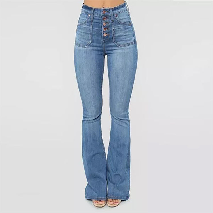 Spring Summer Patch Pocket Washed Clinch Women High Waist Denim Pants