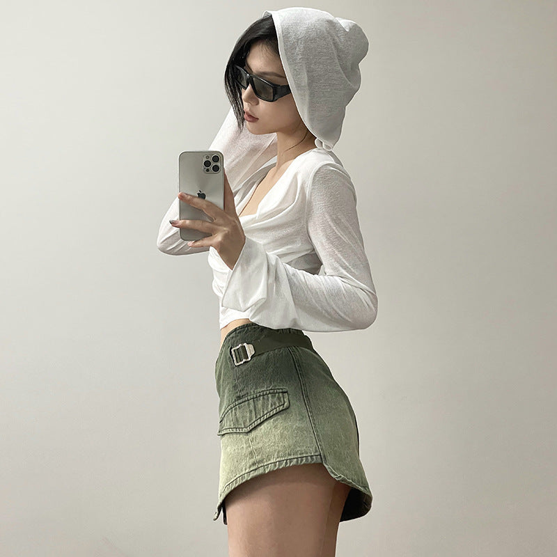 Summer Women Clothing Sexy Solid Color Pleating Hooded Slim Fit Waist Exposed Cropped Sun Protective Clothing