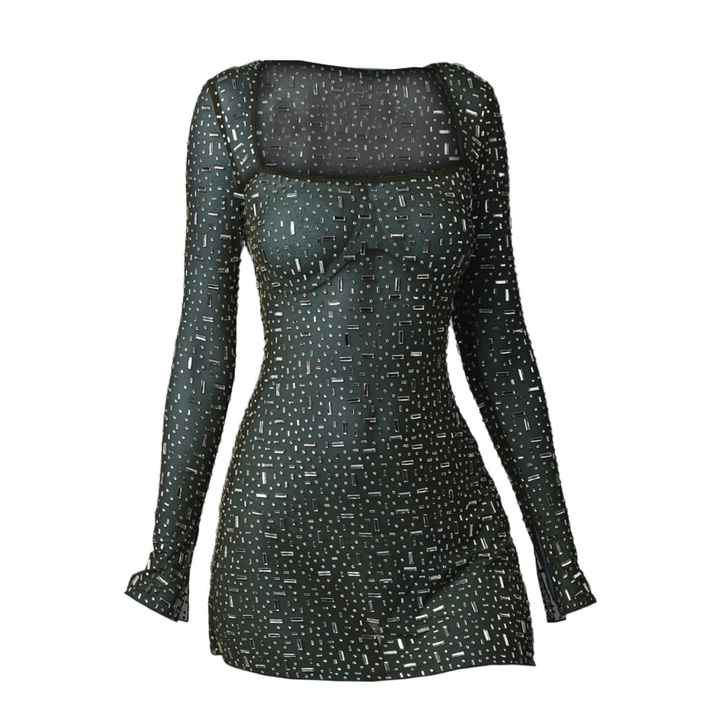 Best Women Clothes Sequined Rhinestone Sexy Semi See through Long Sleeve Short Dress