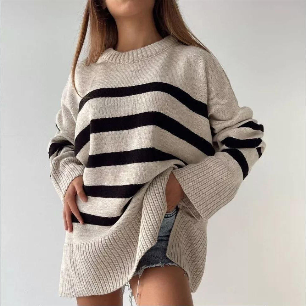 Women Knitwear Autumn Winter Casual Striped Loose Crew Neck Pullover Sweater Coat for Women