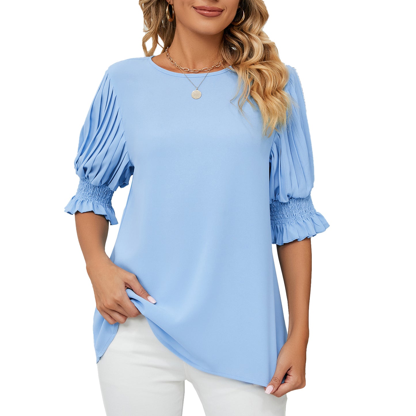 Solid Color round Neck Ruffled Princess Sleeves Loose Chiffon Blouses  Women