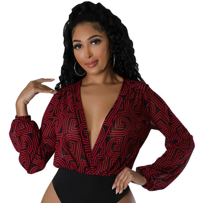 Women Clothing Printed Sexy Jumpsuit Casual Autumn Long Sleeve Jumpsuit