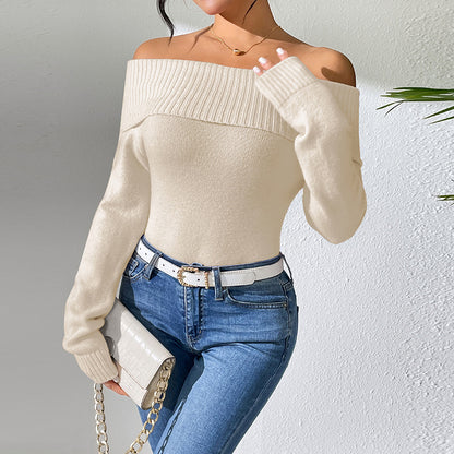 Women Clothing Slim Collared off Shoulder Sweater Sexy Knitted Sweater Solid Color Bottoming Sweater