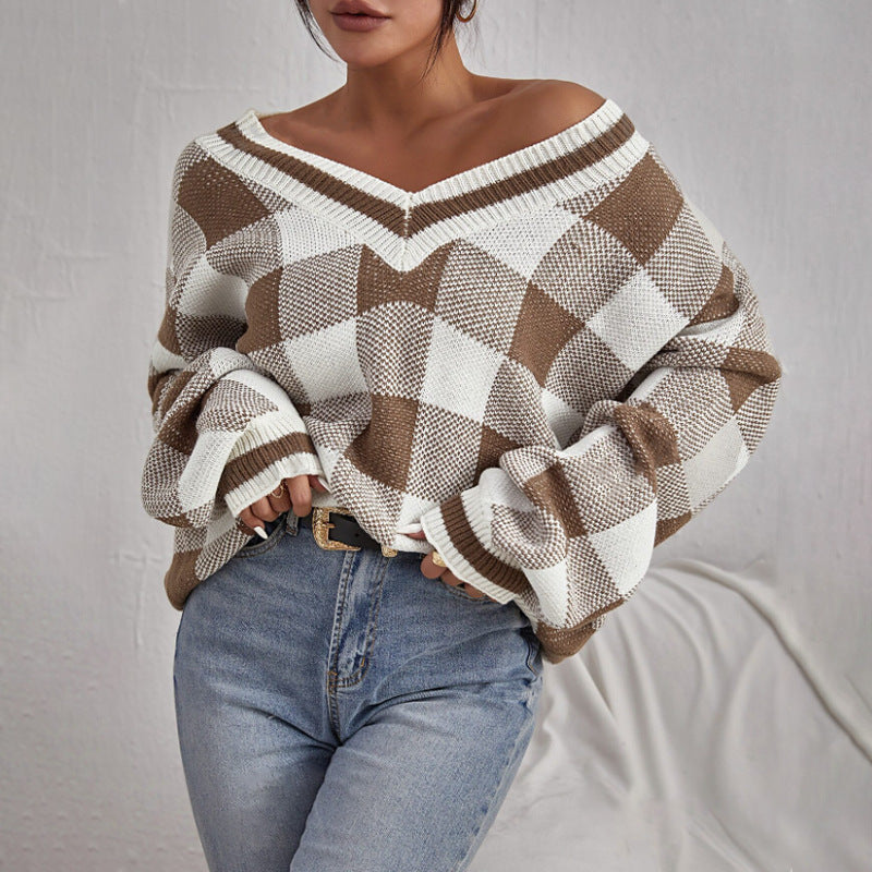 Women Clothing Autumn Winter V neck Sweater Casual Plaid Long Sleeve Sweater Sweater for Women