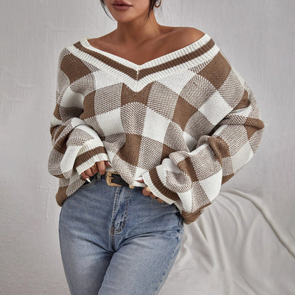 Women Clothing Autumn Winter V neck Sweater Casual Plaid Long Sleeve Sweater Sweater for Women