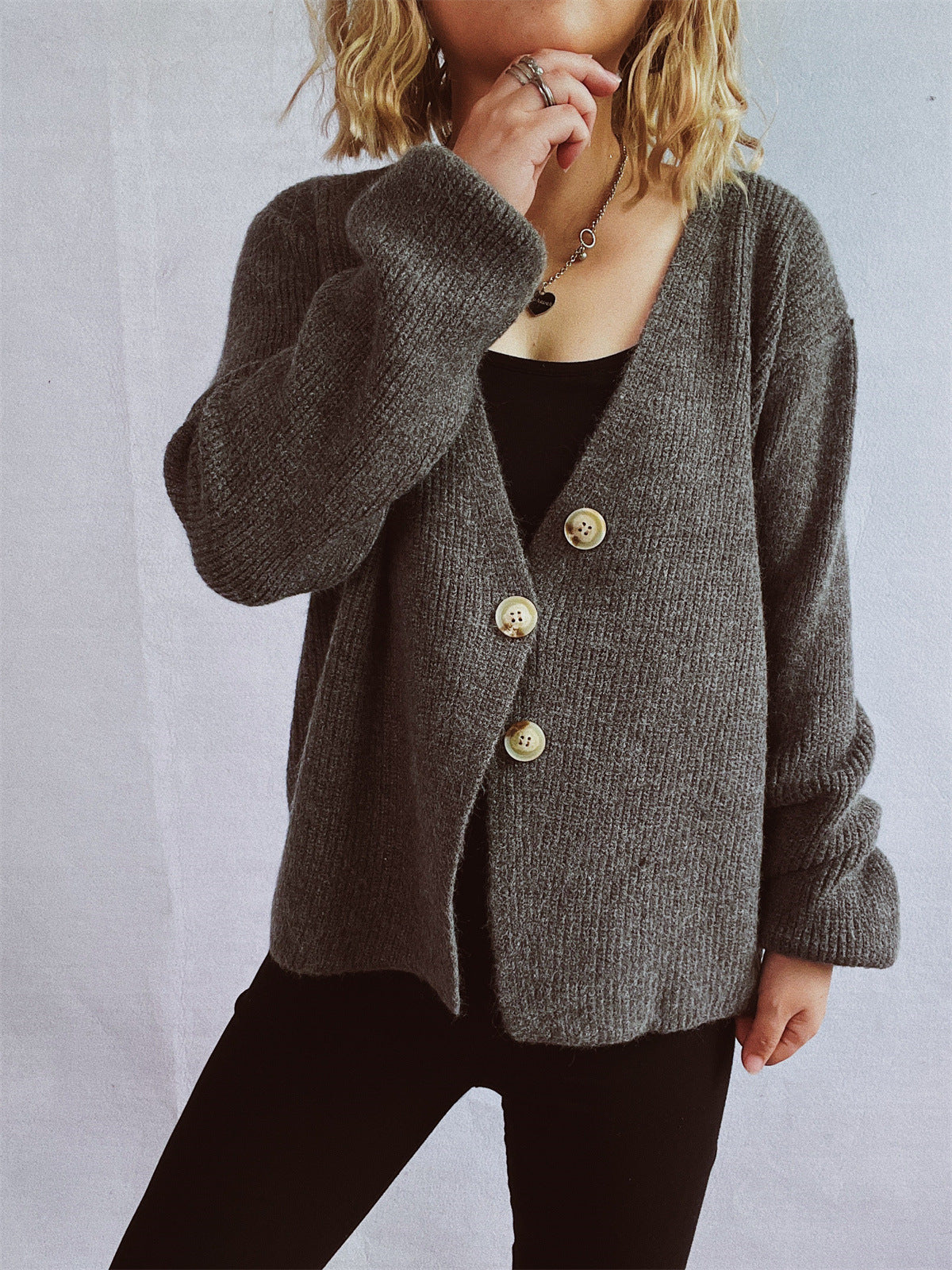 Solid Color V neck Slim Irregular Asymmetric Button Long Sleeve Knitted Cardigan Dinified Sweater Small Coat Jacket