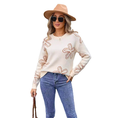 Autumn Winter Women Clothing Sweater Women Clothing Floral Long Sleeve Round Neck Sweater Women