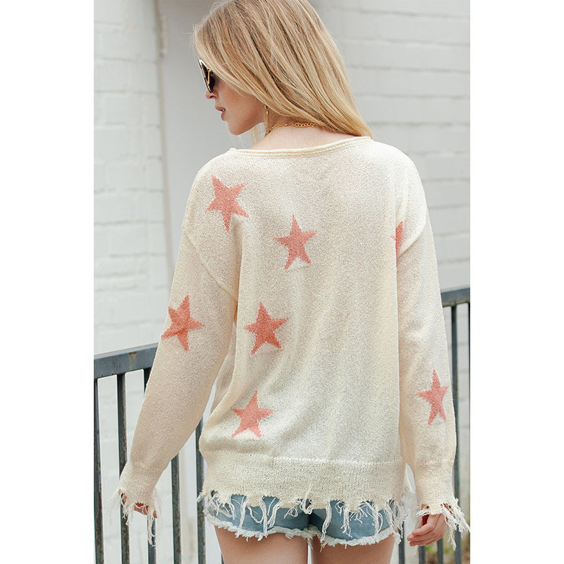 Autumn Winter Pullover Long Sleeve Top Women Design Frayed Printed Loose Sweater Women