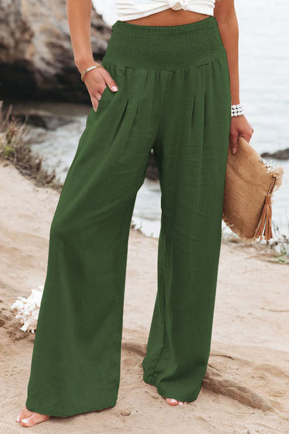 Spring Summer Women Clothing Cotton Linen Solid Color Elastic Waist Wide Leg Pants Casual Pants Trousers