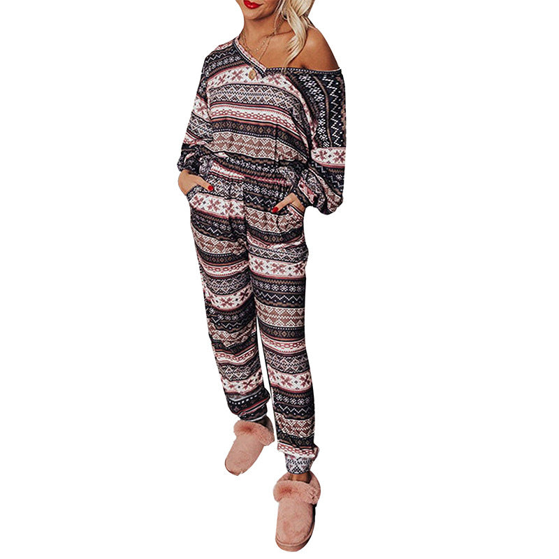 Long Sleeved Homewear Set Autumn Winter Christmas Printed V Neck Homewear Pajamas