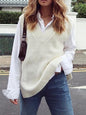 Women Knitting Waistcoat Loose Solid Color V-neck Women Upper Sweater