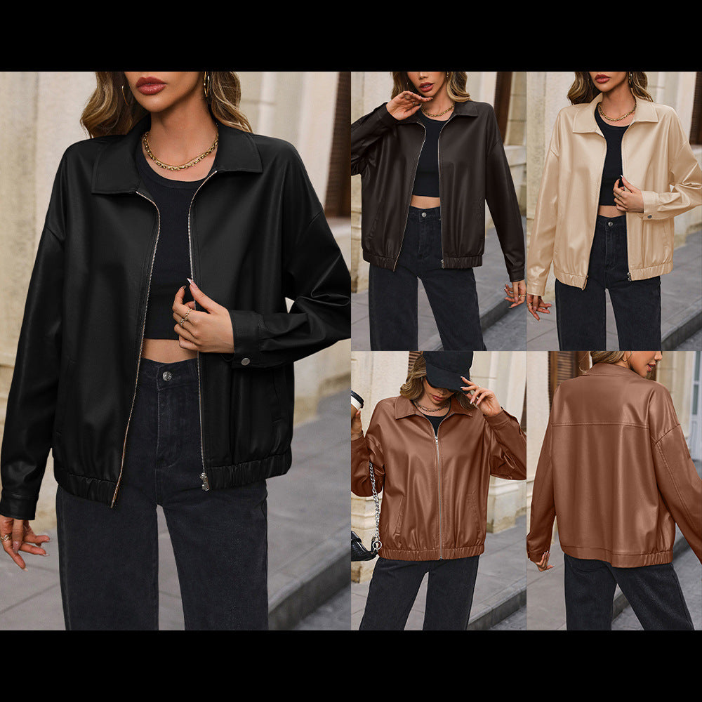 Casual Short Long Sleeve Zipper Faux Leather Motorcycle Leather Coat Polo Collar Jacket Coat Top