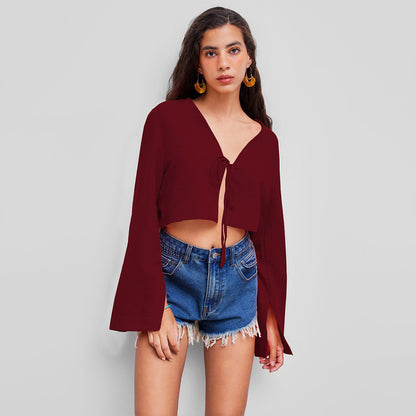 Sexy V Neck T Shirt Autumn Winter Chest Lace Up Niche Wine Red Cardigan Top Women