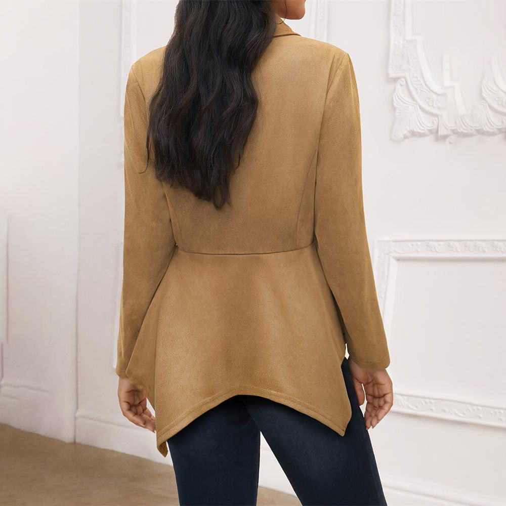 Elegant Office Casual Collared Irregular Asymmetric Open Placket Suede Loose Long Sleeve Jacket Women Clothing