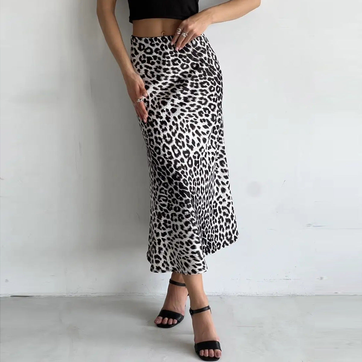 Satin Skirt Sexy Leopard Print Maxi Skirt High Waist Elastic Silky Maxi Skirt