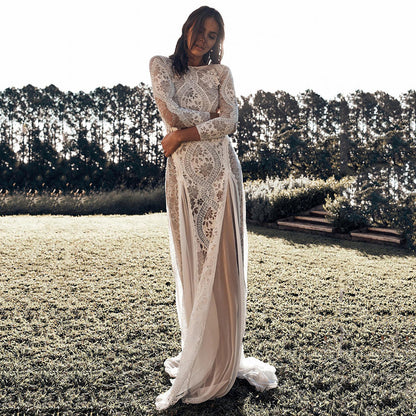 Spring Women Clothing Dress round Neck Long Sleeve Hollow Out Cutout Backless Lace Ladies Cocktail Wedding Dress