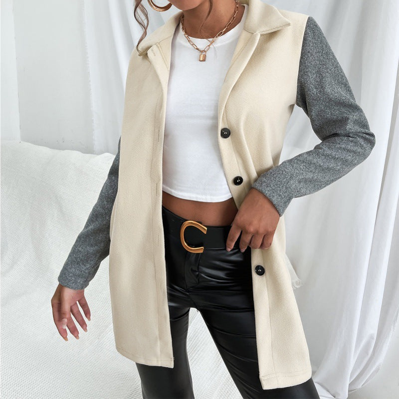 Casual Single Breasted Color Matching Trench Coat Office Contrast Color Top Women