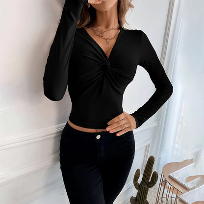 Women Clothing Autumn Winter V-neck Slim Fit Short Knitted Long-Sleeve T-shirt Sleeve Top Winter