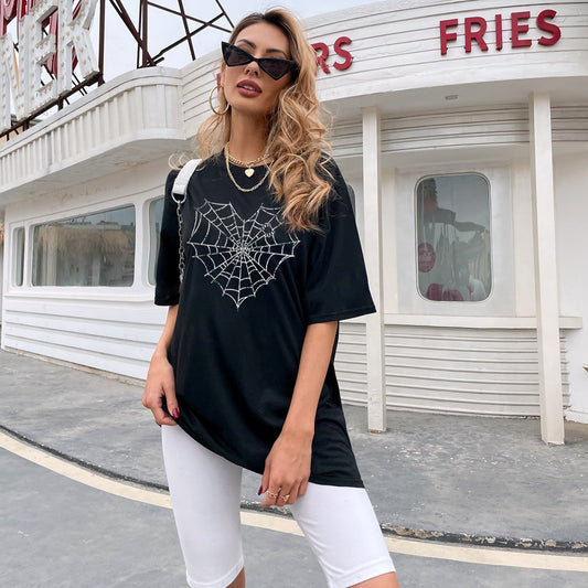 Women Clothing Casual All Matching Spider Web Printing Stylish T shirt