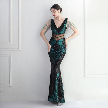 Positioning Floral Heavy Industry Beaded Long Fish Tail Evening Dress Suitable Attending Formal Occasions