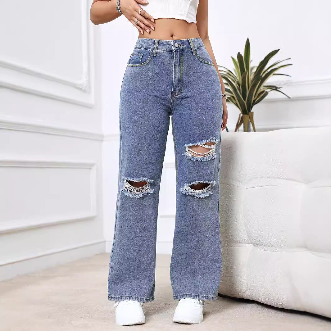 Women Clothing Spring Trendy Wide Leg Loose Hole High Waist Denim Trousers